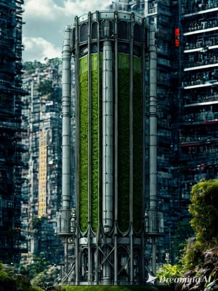 A tall tower with plants growing on it

Description automatically generated