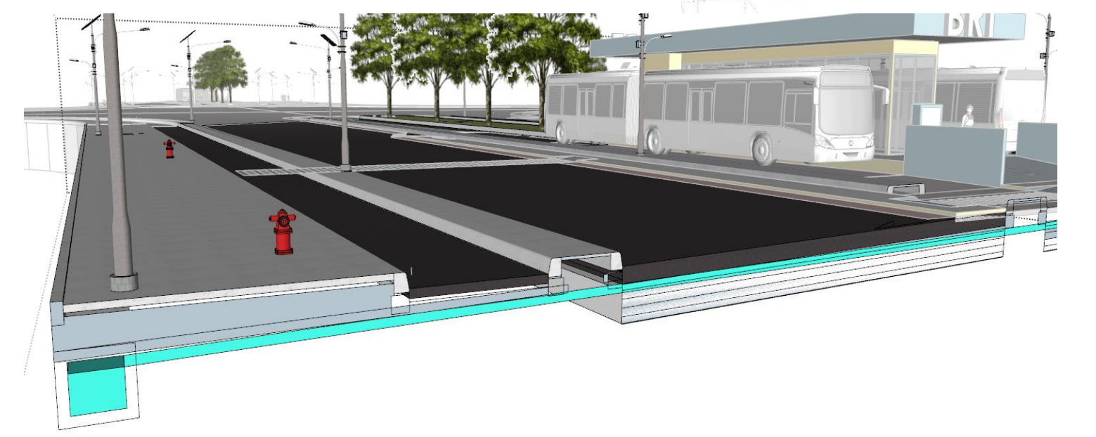 A crosswalk with a bus on the side

Description automatically generated