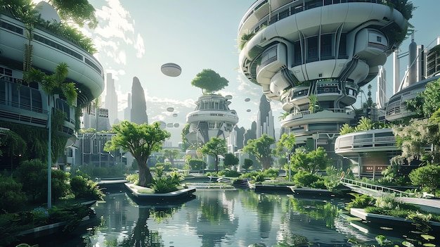 Futuristic city with flying vehicles and green spaces