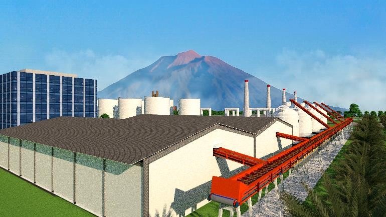 A factory with a mountain in the background

Description automatically generated