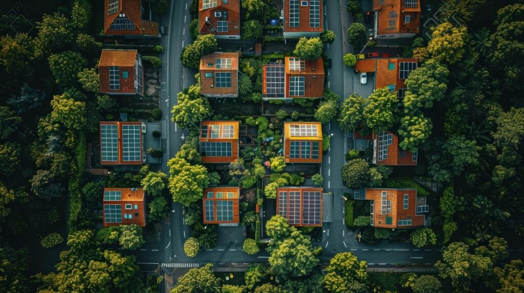 A group of houses with trees around them

Description automatically generated